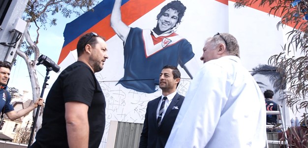 Mini honoured by mural with Roosters legends
