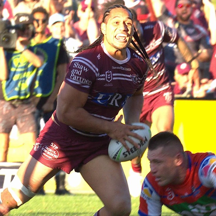 Taupau scores with the Knights backpedalling