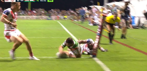 Mansour dives over out wide for the Rabbitohs