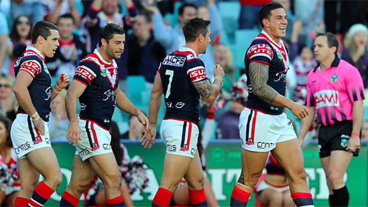 Sonny Bill Williams celebrates a try against the Panthers