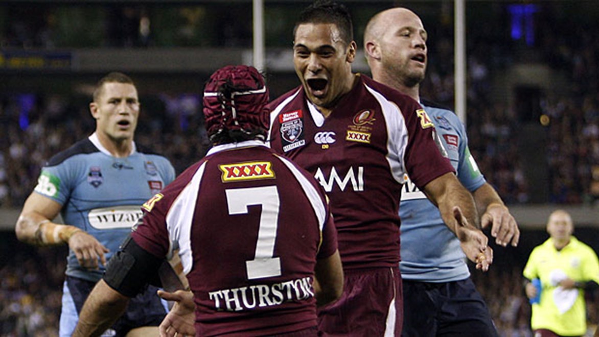 Justin Hodges celebrates Johnathan Thurston's try in the 18th minute of Origin I, 2009, won 28-18 by Queensland; Thurston's try was the third for the Maroons in the game's opening quarter – illustrating how strong Queensland are at the front end of games.