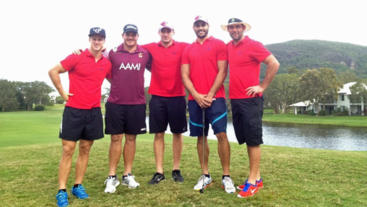Queensland captain Cameron Smith and the boys relax during a round of golf in camp at Coolum prior to State of Origin I.