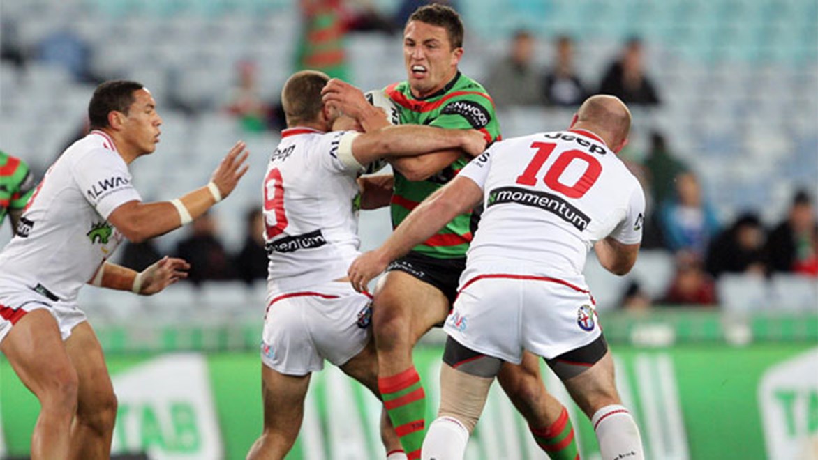Sam Burgess in action for South Sydney against the Dragons