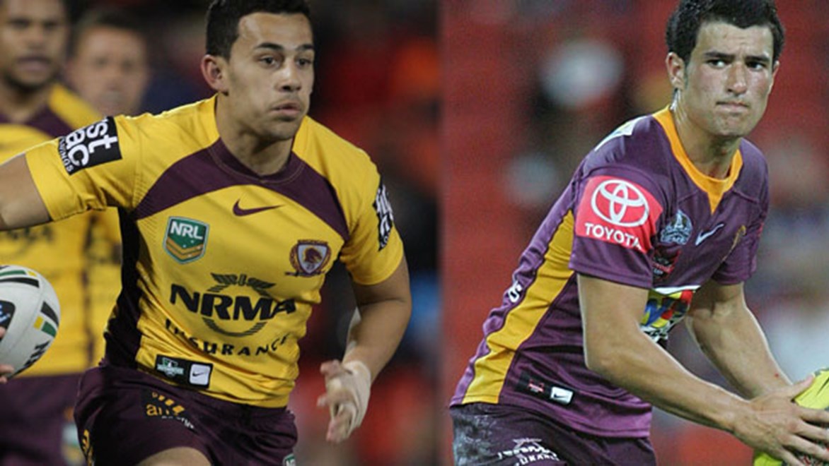 Jordan Kahu (left) is in line to emulate older brother Jared (right) and play five-eighth for the Broncos in 2014.