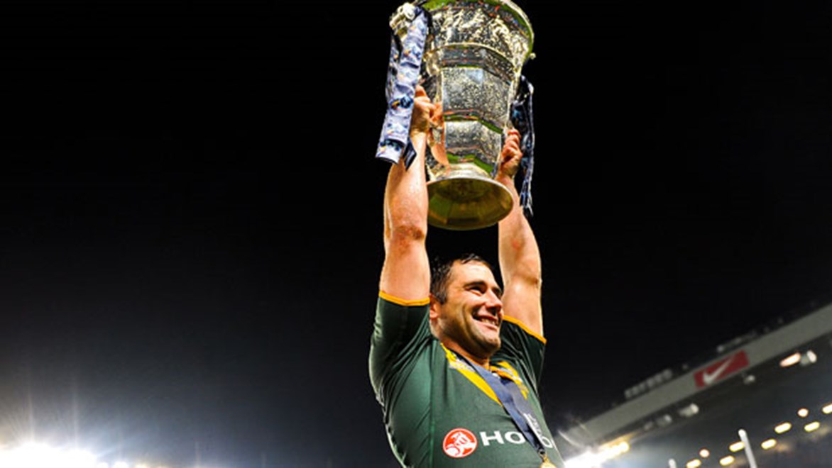 Kangaroos captain Cameron Smith lifts the Rugby League World Cup trophy after Australia's 34-2 win over New Zealand in the final.