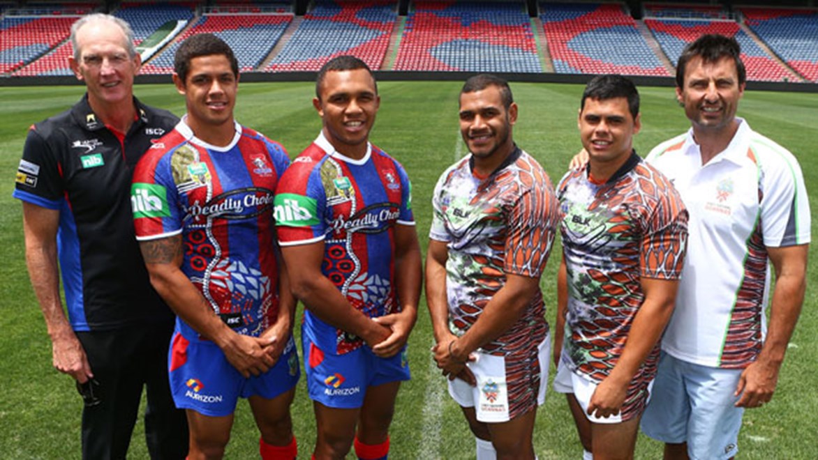Knights coach Wayne Bennett and Dane Gagai and Travis Waddell with First Nation Goannas players Javarn White, Adrian Davis and coach Laurie Daley.