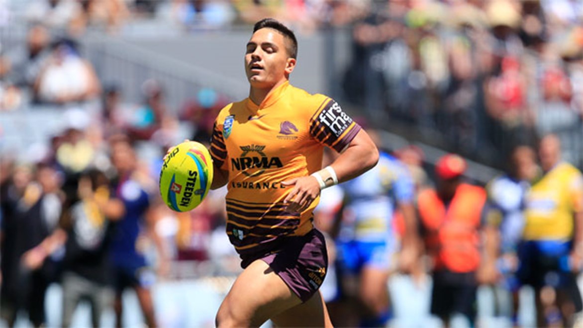 After excelling at the Auckland Nines, Kodi Nikorima will get a crack at the Broncos' number 6 jersey in the side's final trial match. Copyright: Shane Wenzlick/NRL Photos.