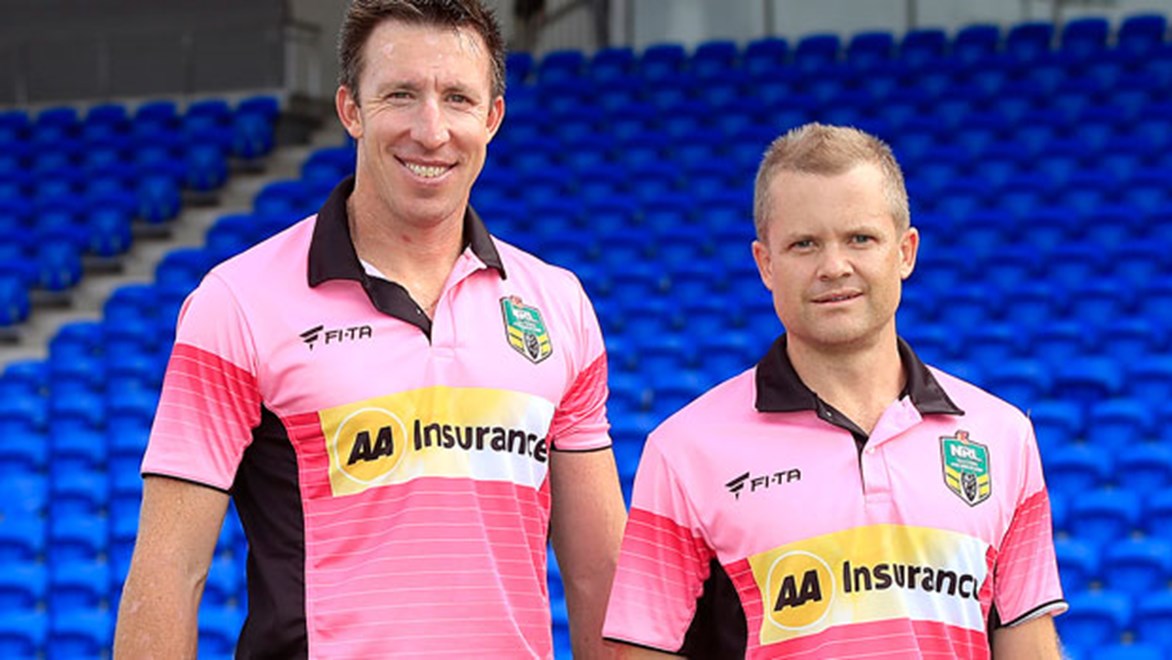 Jared Maxwell and Chris James model refereeing strips carrying AA Insurance sponsorship that will feature at all Holden Cup and NRL games in New Zealand in 2014. Photo: Supplied.