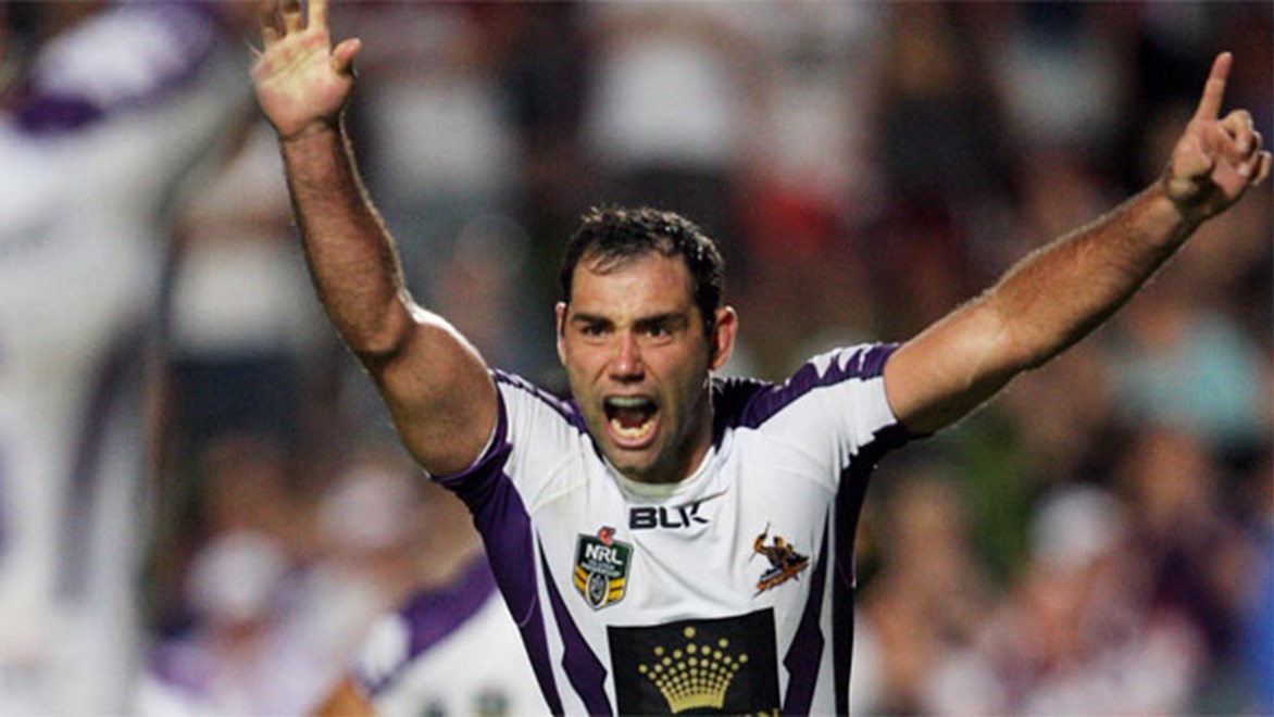 Cameron Smith celebrates kicking the match-winning field goal in Melbourne's 23-22 golden point win over Manly. Copyright: Robb Cox/NRL Photos.