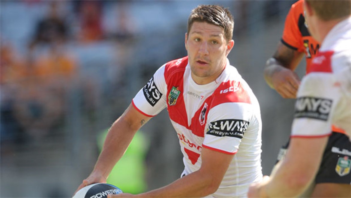 Dragons recruit Gareth Widdop will be looking to back up his Round 1 man-of-the-match performance against fellow new recruit, Warrior Chad Townsend. Copyright Robb Cox/NRL Photos.