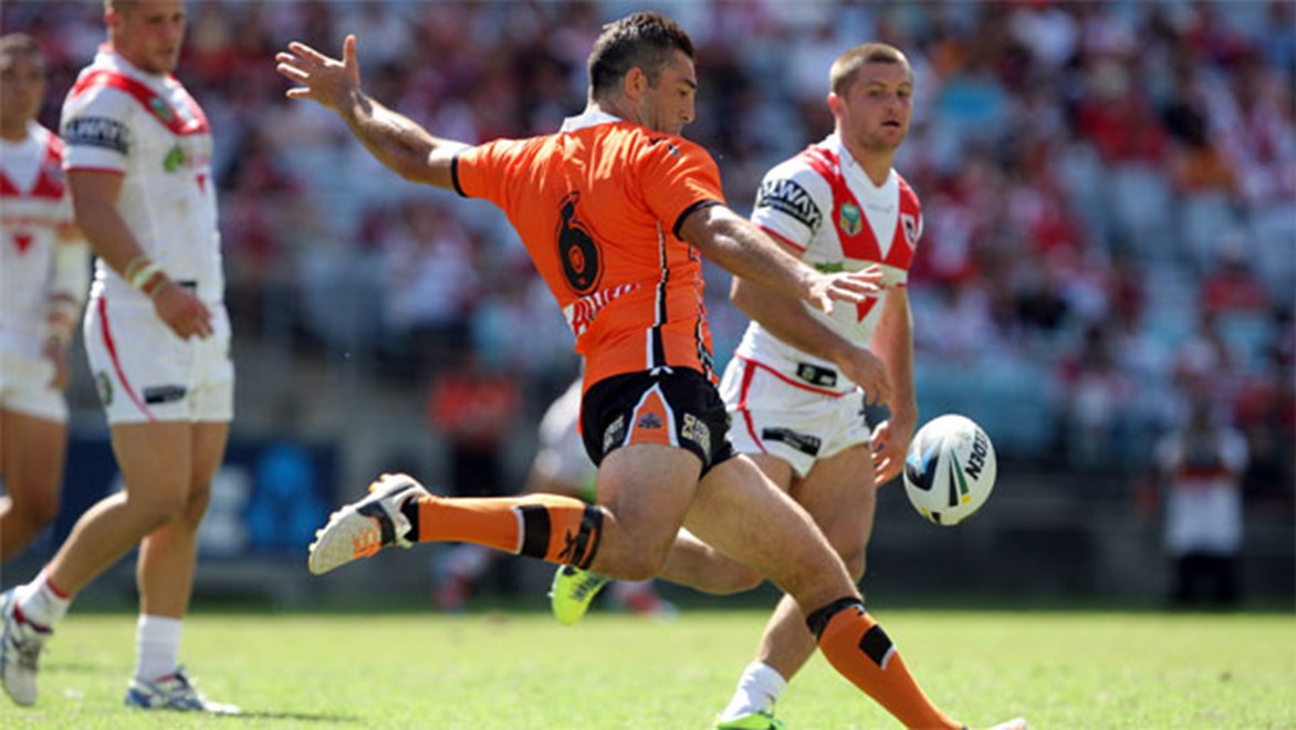Wests Tigers five-eighth Braith Anasta took over much of the long kicking duties last week. Copyright: NRL Photos/Robb Cox.
