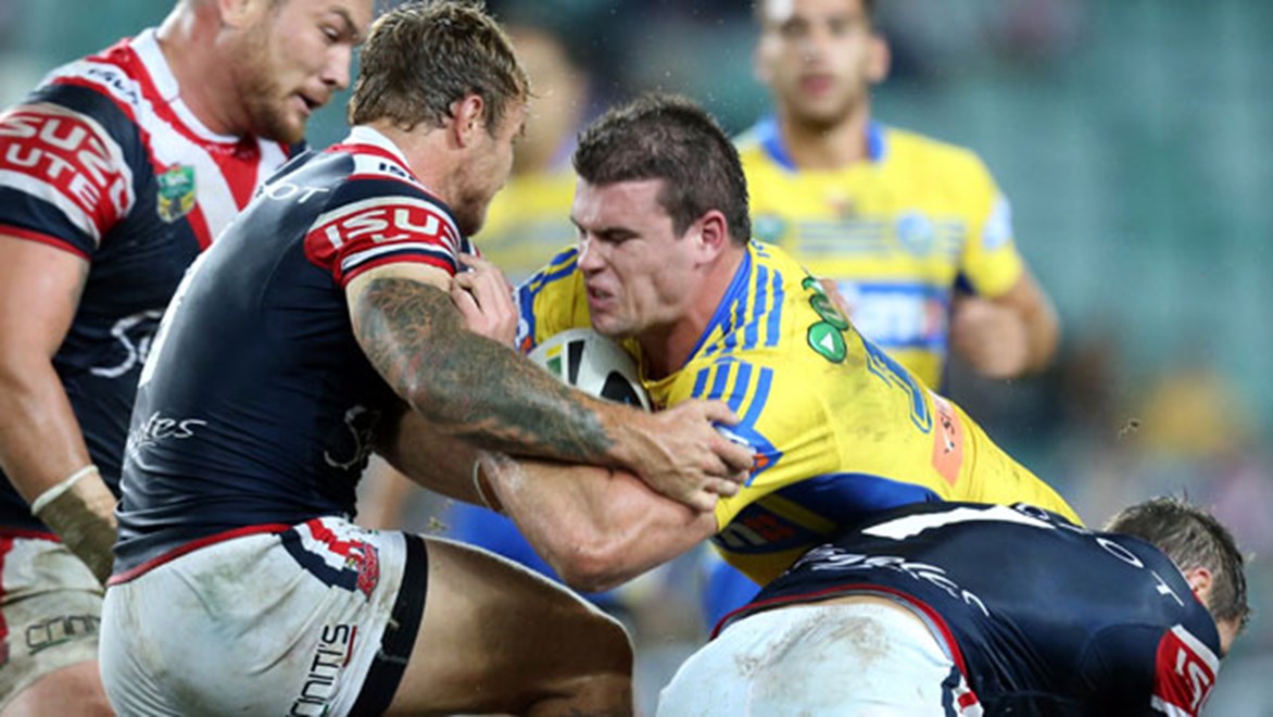 Eels forward Darcy Lussick is looking at a four-game ban for a high tackle on Roosters prop Jared Waerea-Hargreaves should he offer a guilty plea. Copyright: Grant Trouville / NRL Photos.