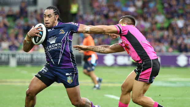 Storm flyer Mahe Fonua on the attack in his side's win over Penrith. Copyright: NRL Photos