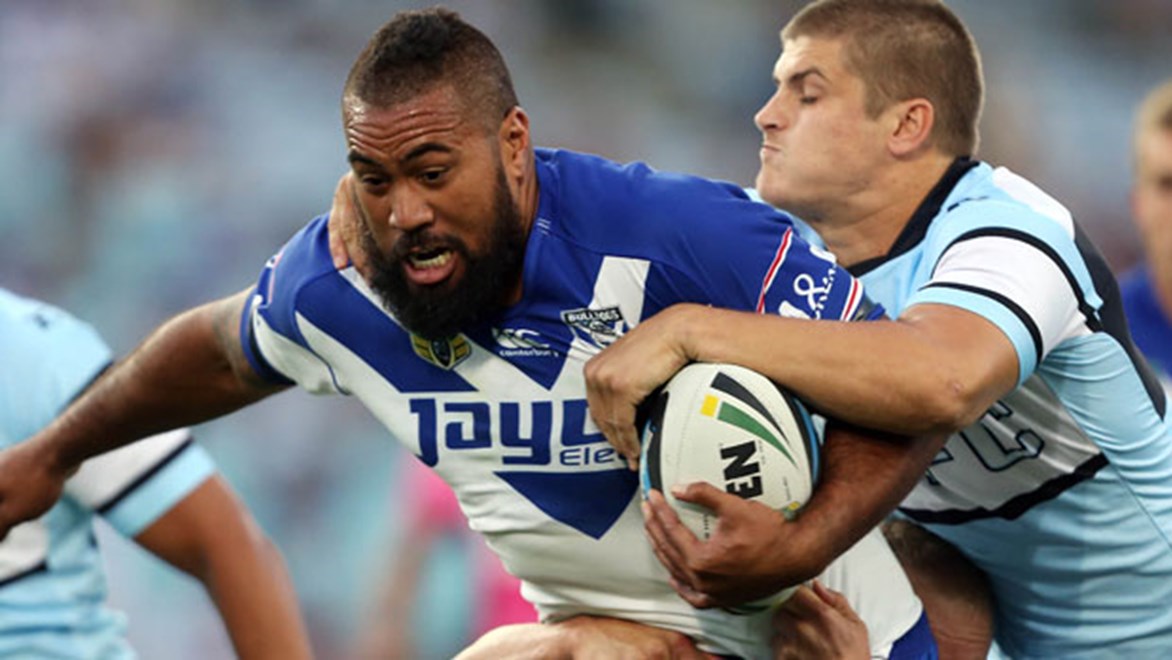 Bulldogs back-rower Frank Pritchard was in a menacing mood against the Sharks; he opened his side's scoring in the fifth minute. Copyright: Grant Trouville / NRL Photos.