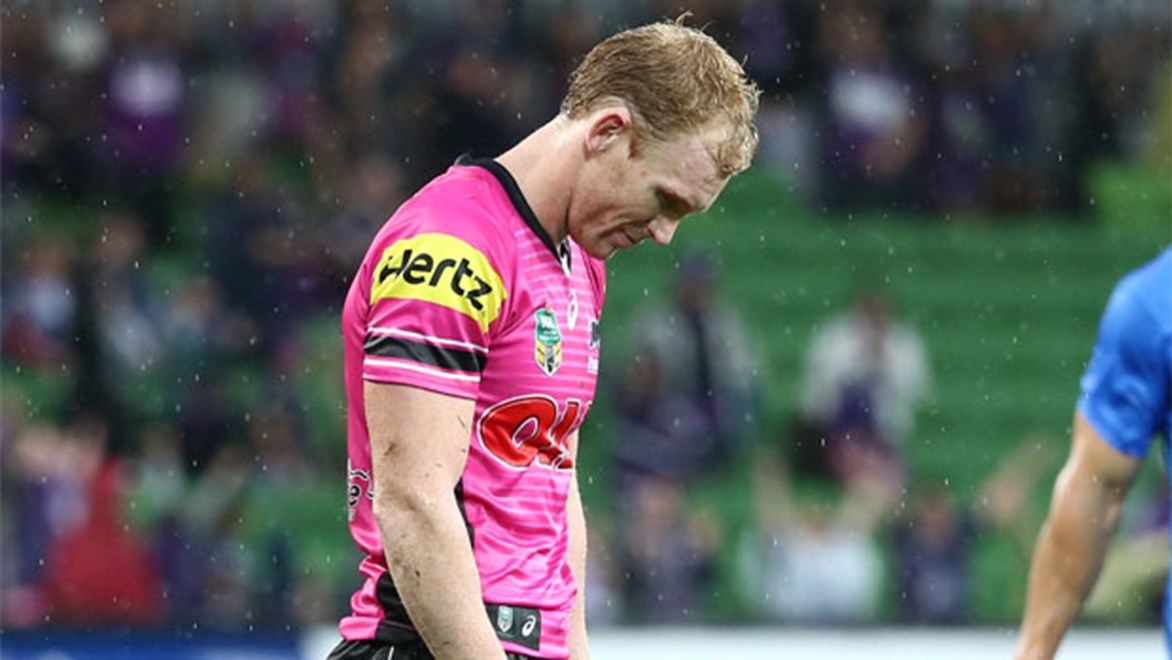 A dejected Peter Wallace missed a difficult penalty shot after the siren that would've won Penrith the game. Copyright: NRL Photos/Brett Crockford.
