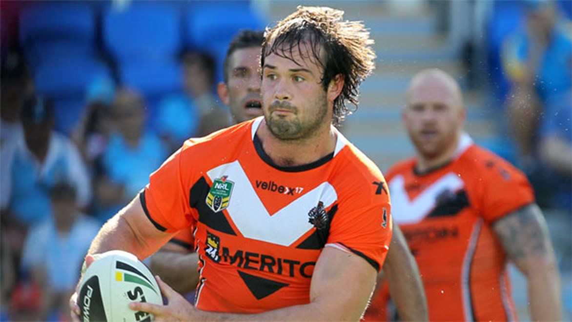 Wests Tigers prop Aaron Woods almost ran 200m against the Titans last Sunday. Copyright: NRL Photos/Colin Whelan.