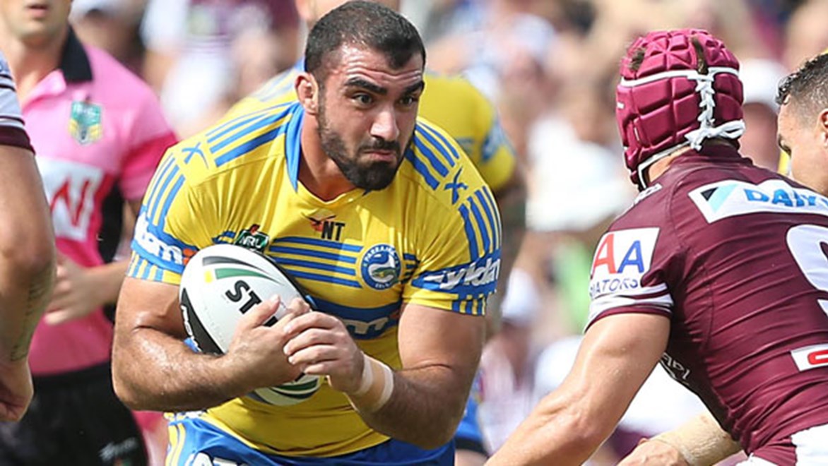 Eels co-captain Tim Mannah takes a hit-up during a shattering loss to Manly on Sunday. Copyright: Robb Cox/NRL Photos