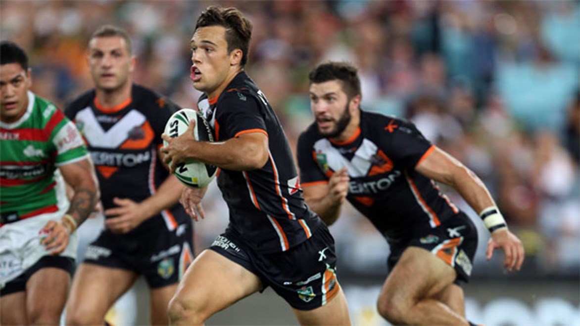 Rite of passage... Wests Tigers rookie Luke Brooks had a breakthrough moment against the Rabbitohs last Friday. Copyright: NRL Photos/Robb Cox.