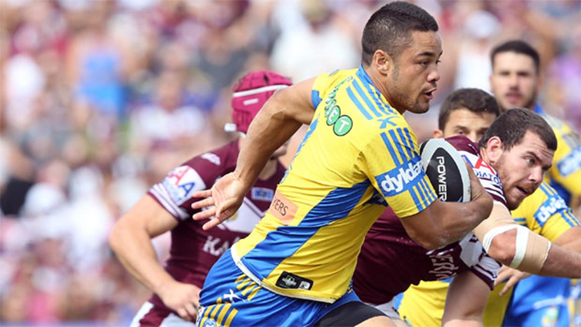 Eels fullback Jarryd Hayne played strongly but an ankle injury prevented him from kicking goals in the side's 22-18 loss to Manly at Brookvale. Copyright: Robb Cox/NRL Photos.