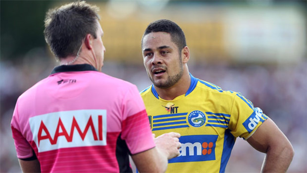 Eels captain Jarryd Hayne had no joy in several conversations with the officials in his side's 22-18 loss to Manly at Brookvale on Sunday. Copyright: Robb Cox/NRL Photos.