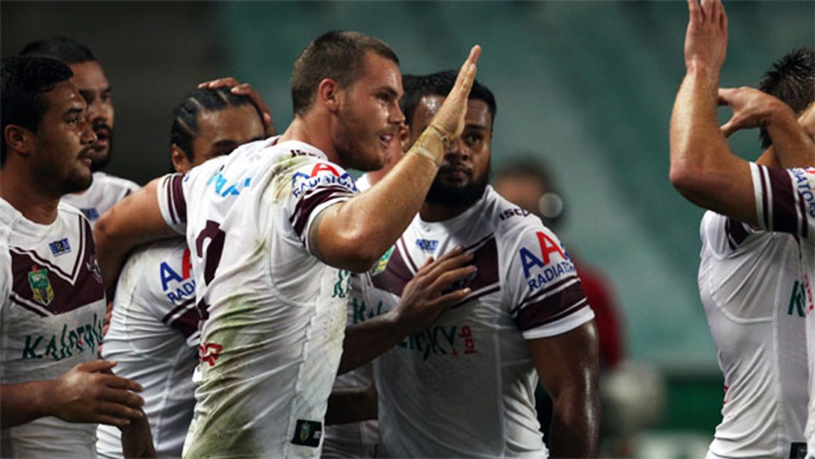 Cheyse Blair celebrates scoring the opening try for Manly against the Roosters on Friday night. Copyright: Colin Whelan/NRL Photos.