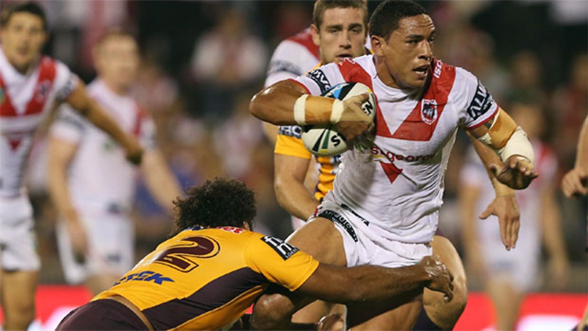 Tyson Frizell is tackled during the Dragons' clash with Brisbane on Friday night. Copyright: Robb Cox/NRL Photos.