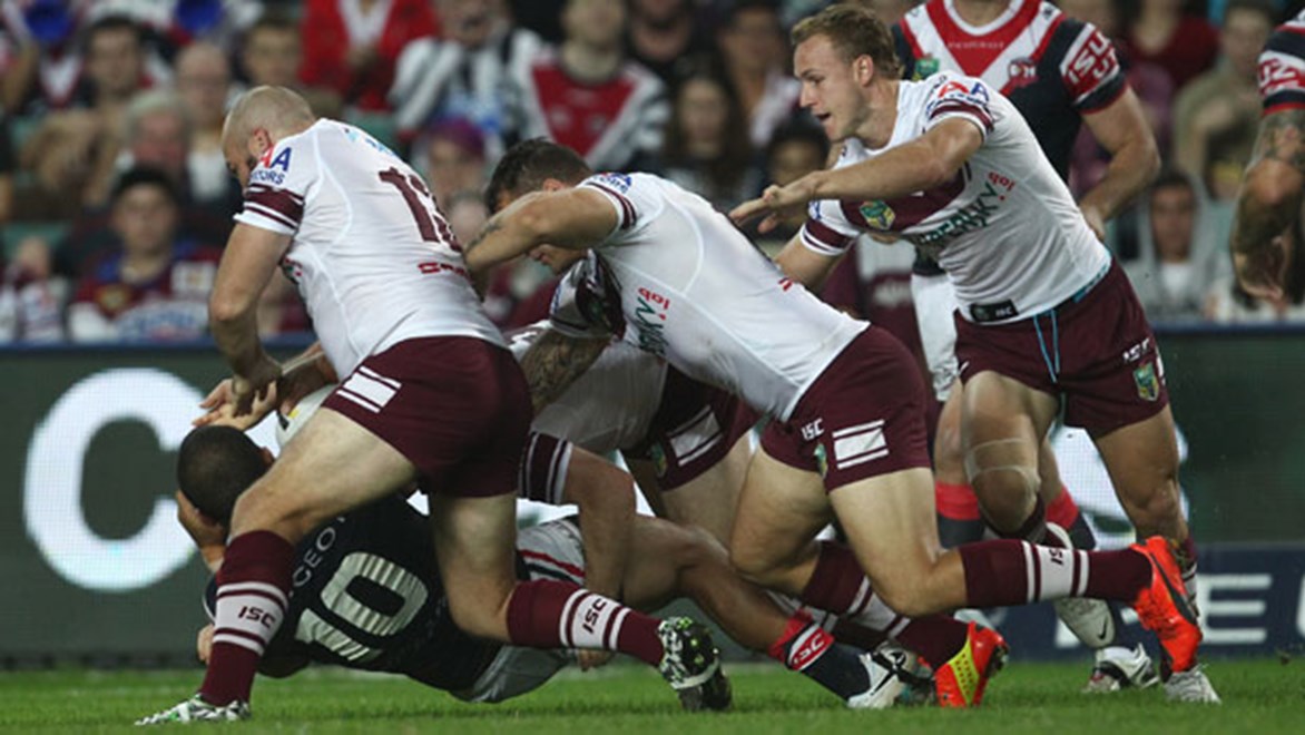 Manly was brutal in defence last Friday, as Roosters prop Sam Moa found out, and believe a string of tough games to start the season will hold them in good stead. Copyright: Col Whelan/NRL Photos