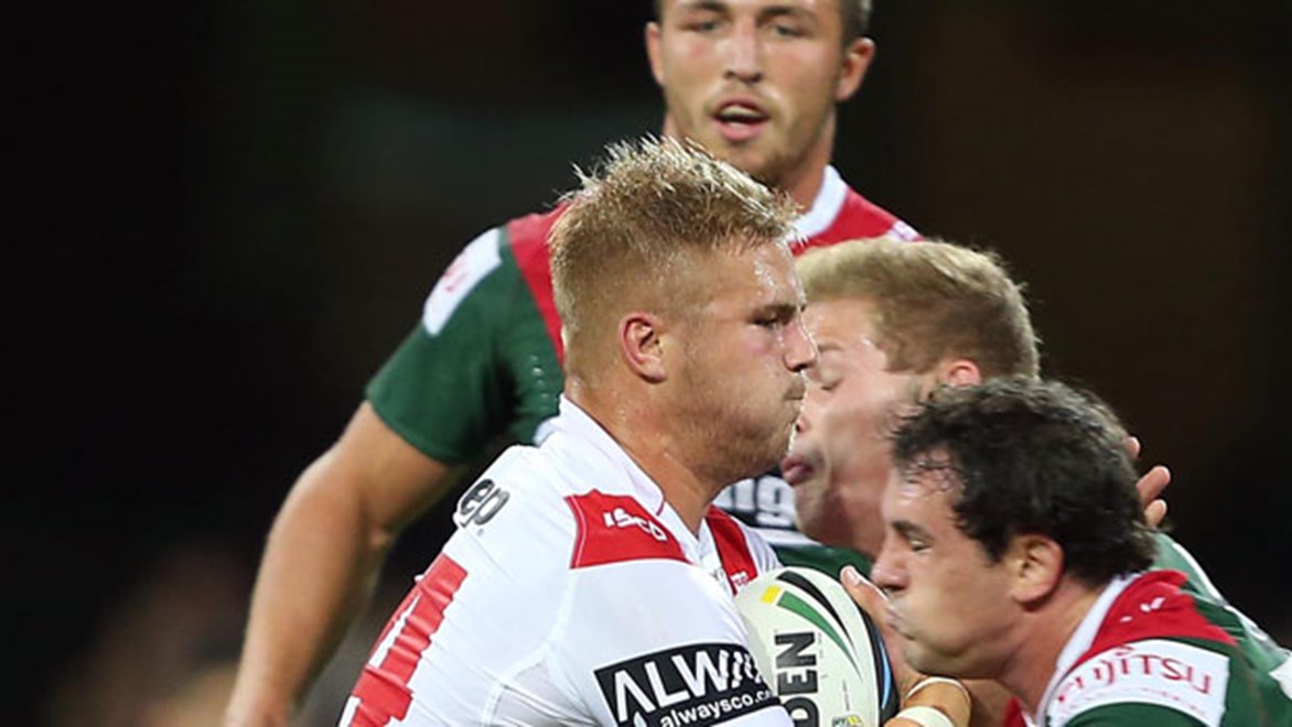 Dragons forward Jack De Belin is facing a one-game suspension from the NRL after being charged with a dangerous throw on Rabbitohs star Sam Burgess. Copyright: Robb Cox/NRL Photos