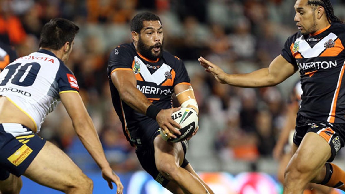 Wests Tigers forward Adam Blair shapes to pass during his side's Saturday clash against the Cowboys at Campbelltown. Copyright: Robb Cox/NRL Photos