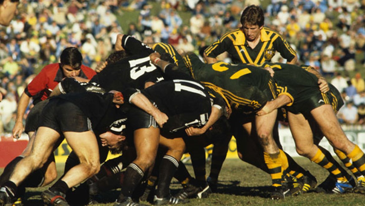 Halfback Steve Mortimer watches on as his Kangaroos forward pack battles the Kiwi scrum for possession in 1982. Copyright: NRL Photos