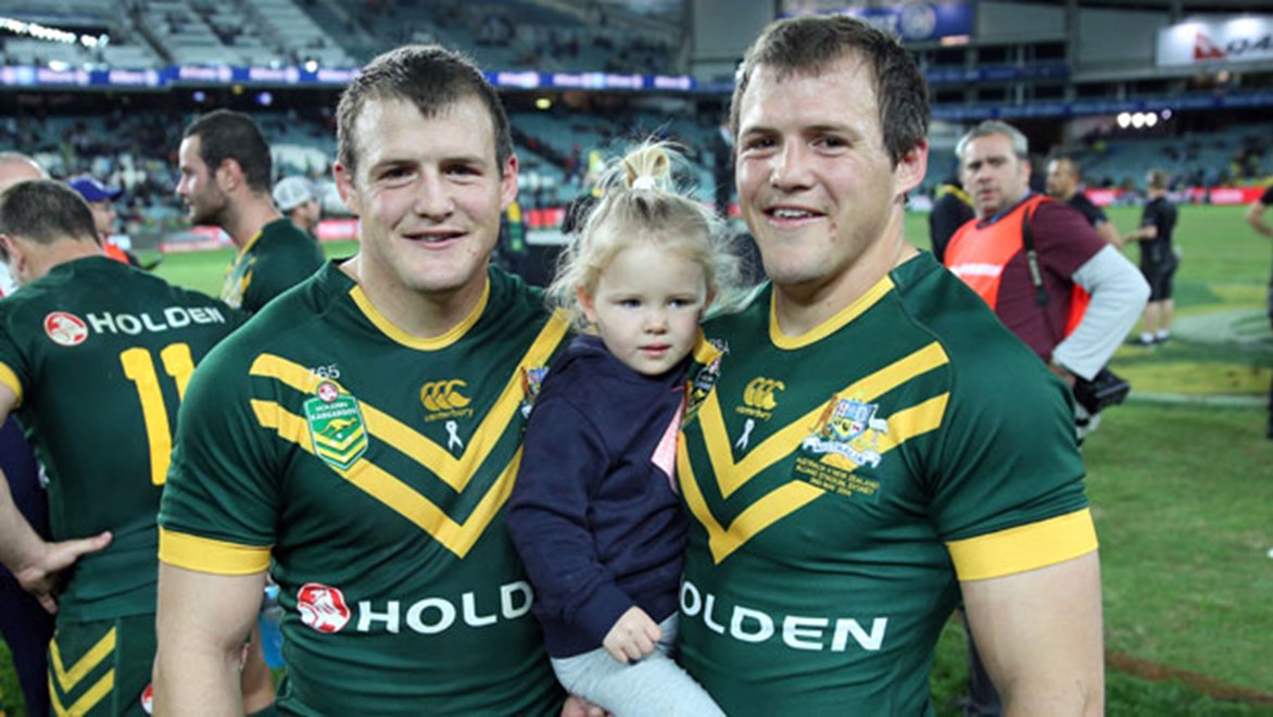 The Morris brothers Josh and Brett enjoy the aftermath of their win with the Kangaroos in the Trans-Tasman Test.