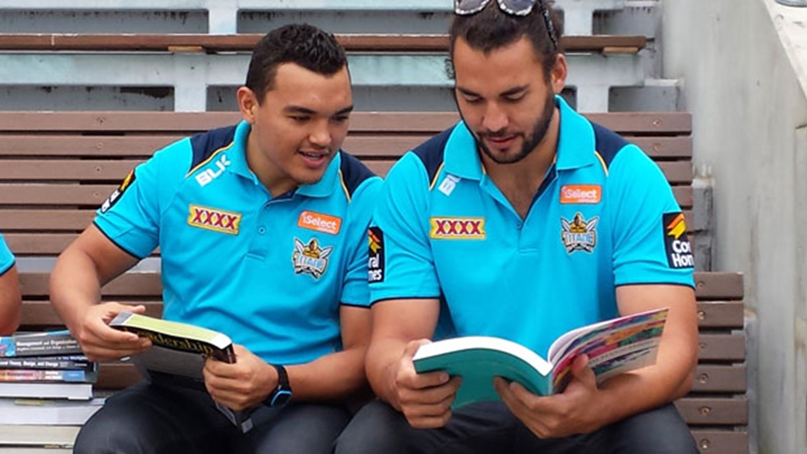 Matt Srama and Ryan James are two of 24 Gold Coast Titans players enrolled in tertiary study in 2014.