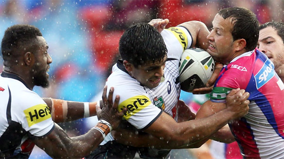 Panthers second rower Tyrone Peachey on the charge in his first run-on start for the club.