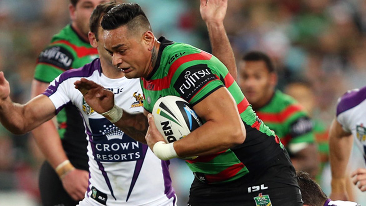 John Sutton makes a strong run during the Rabbitohs' Round 10 clash with the Storm.