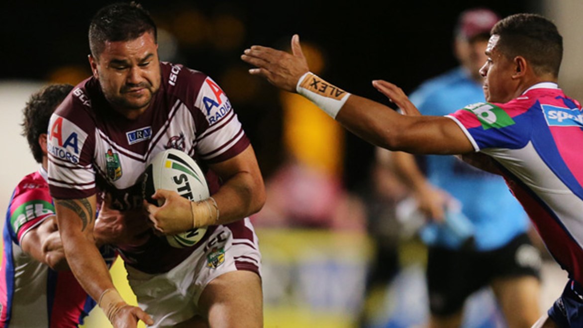 Justin Horo makes a break during the Sea Eagles' Round 10 clash with the Knights at Brookvale Oval.