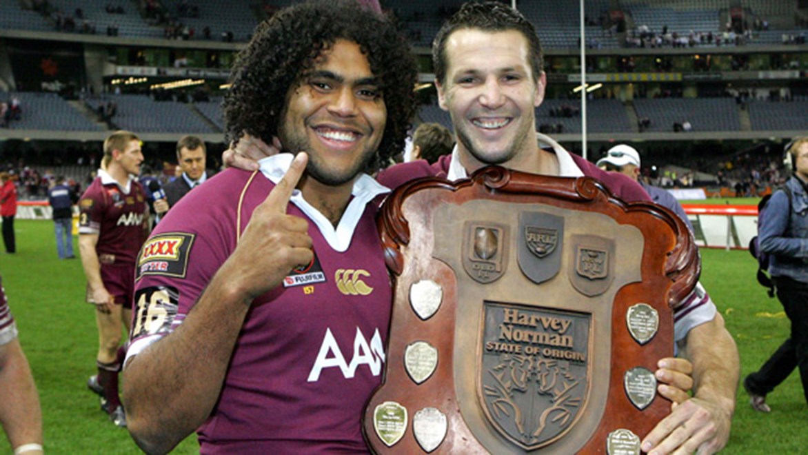 Clinton Schifcofske and Sam Thaiday celebrate the 2006 series win following Queensland's 16-14 win in Game Three.