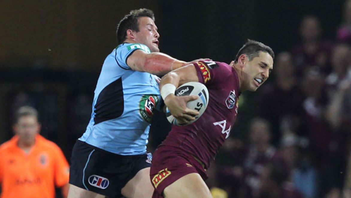 Queensland fullback Billy Slater tries to escape the NSW defence during State of Origin I.