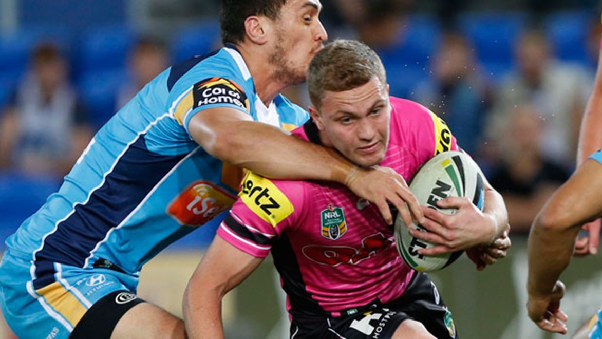 Panthers fullback Matt Moylan takes on the Titans defence during their Saturday clash at Cbus Super Stadium.
