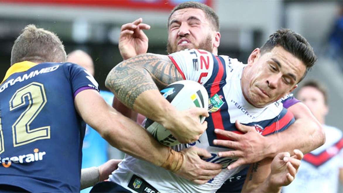 Sonny Bill Williams is met by the Storm defence at AAMI Park in Round 13.