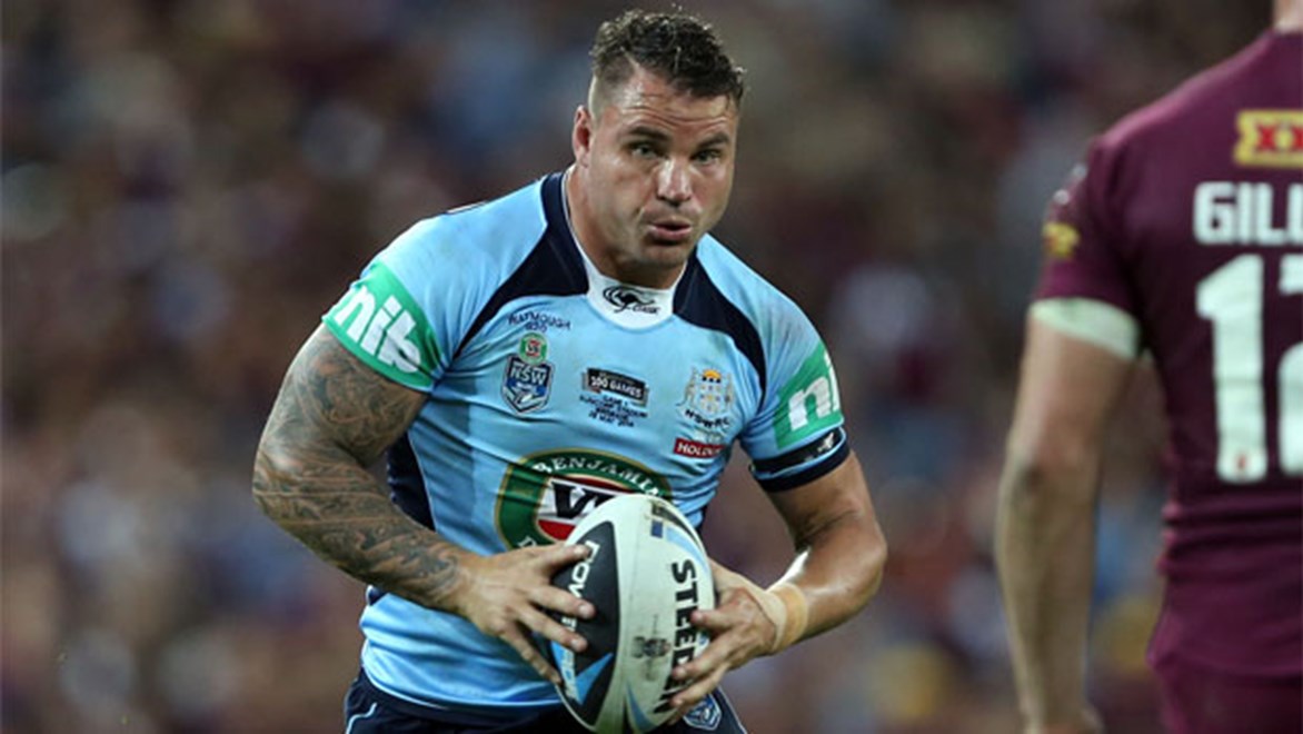 Blues back-rower Anthony Watmough runs the ball during State of Origin I.