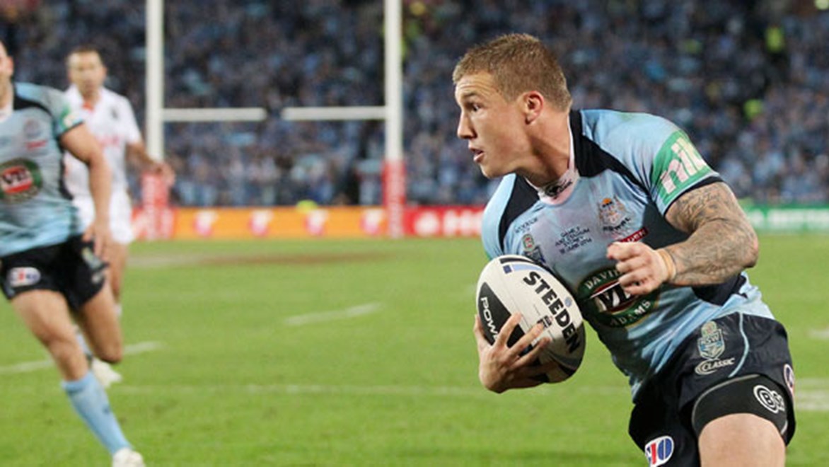 Trent Hodkinson scores the series-winning try for New South Wales, running the ball closer to the posts to aid his conversion attempt.