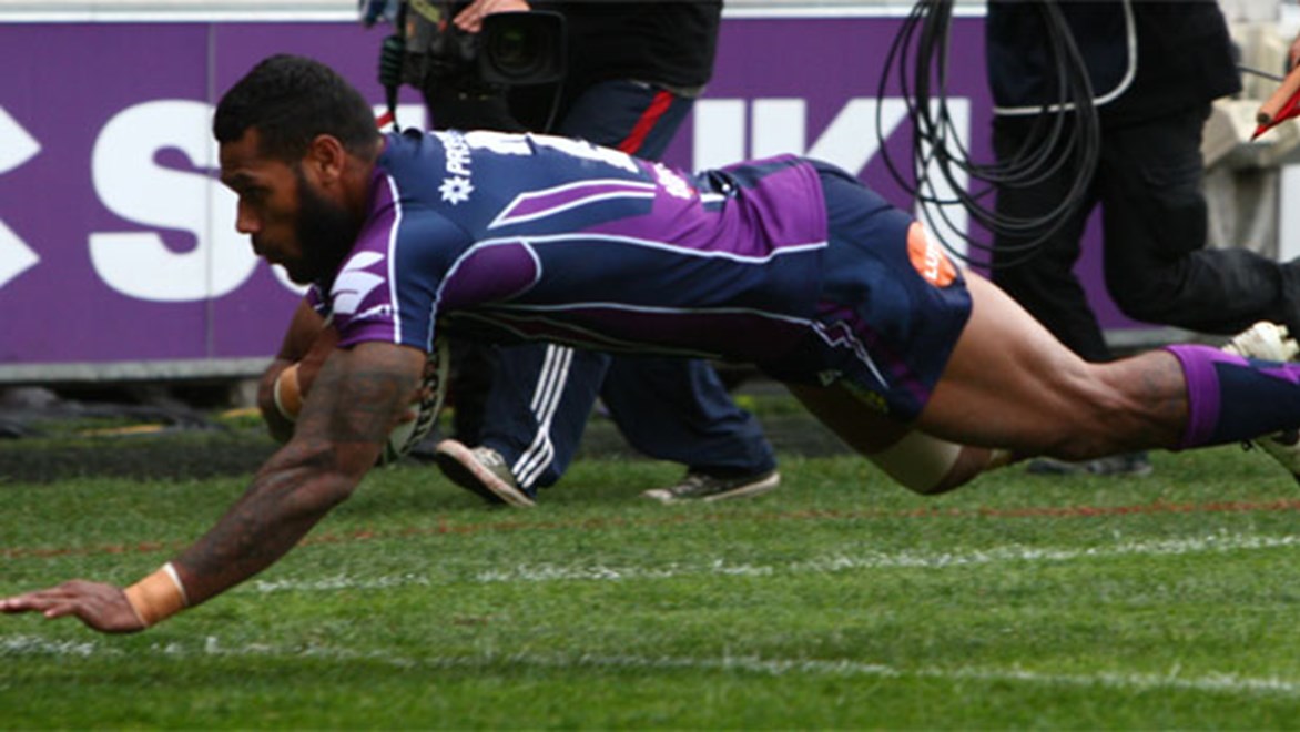 Sisa Waqa scores a first half try against the Eels at AAMI Park in Round 15.