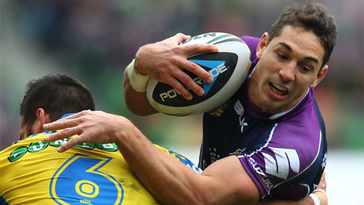 Storm fullback Billy Slater scored two tries and set up three more in a man-of-the-match performance against Parramatta on Sunday.