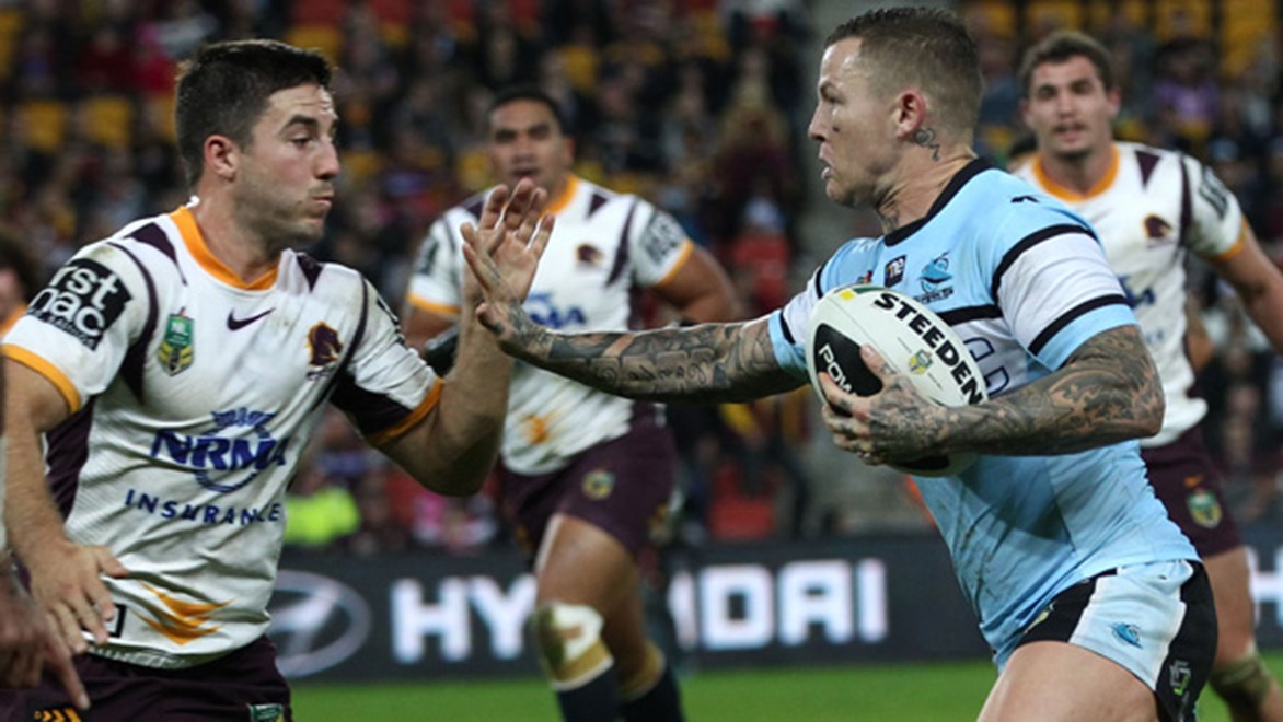 Todd Carney in action during the Sharks' big win over the Broncos on the road at Suncorp Stadium.