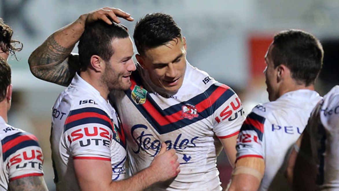 Roosters back-rower Boyd Cordner is congratulated by team-mates after scoring a try in his return from injury against Manly on Friday night.
