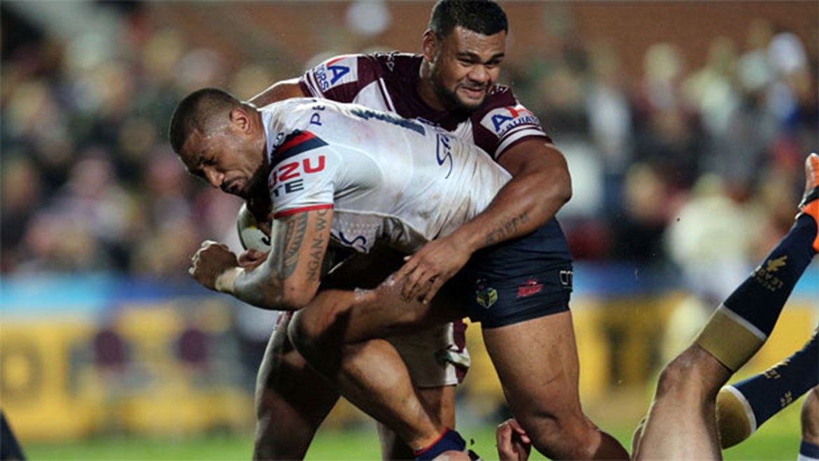 Brace for it... Roosters hitman Frank-Paul Nuuausala hasn't missed a game in 2014.