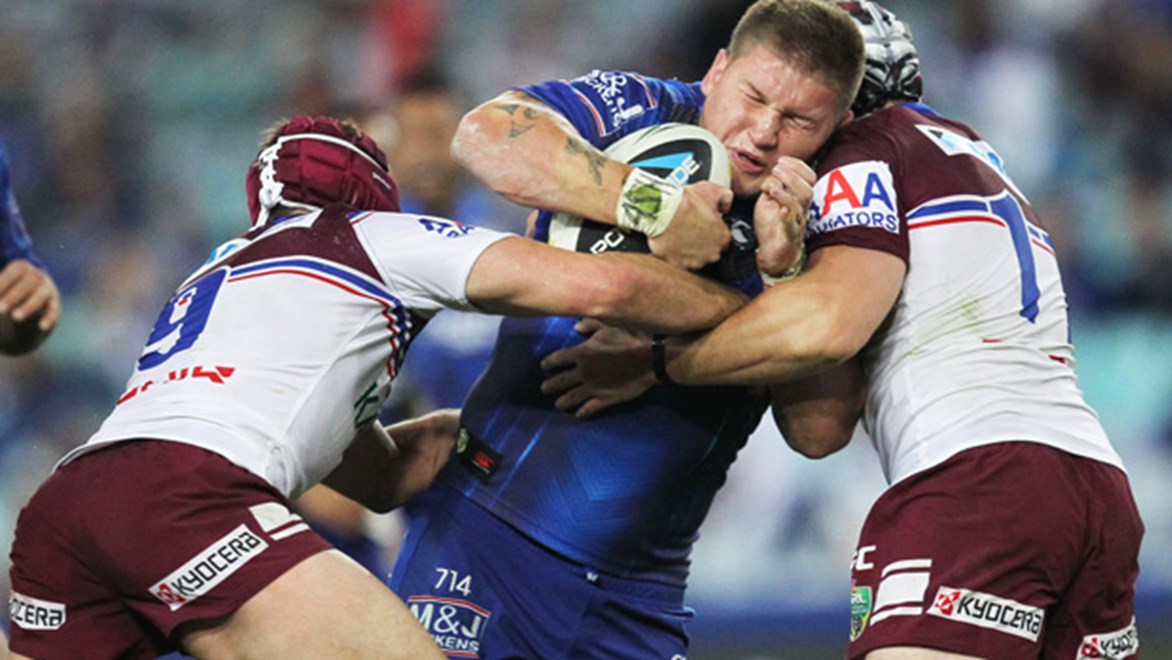 Greg Eastwood in action during the Bulldogs' Round 17 clash with the Sea Eagles at ANZ Stadium.