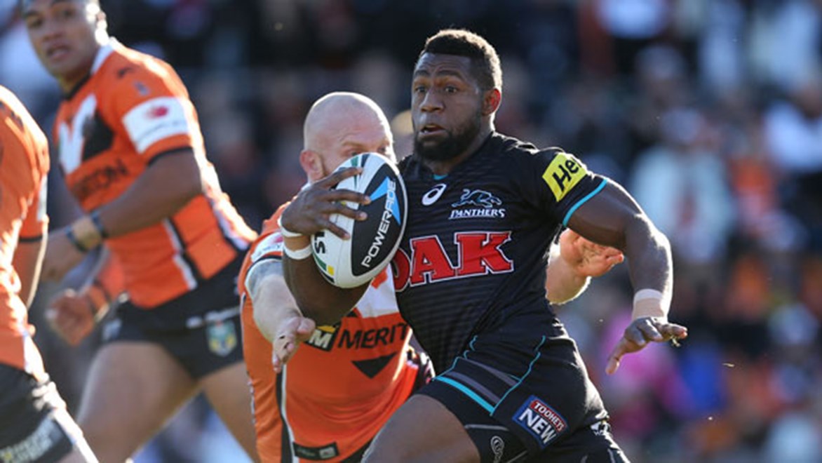 James Segeyaro cuts loose in the Panthers' impressive win over the Wests Tigers at Leichhardt Oval on Sunday.