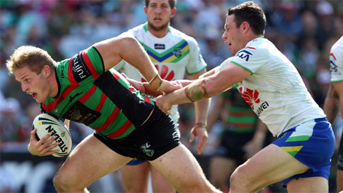 Rabbitohs prop George Burgess, pictured here scoring a try in the side's loss to Canberra in Round 4, says players are used to the halves swapping roles.