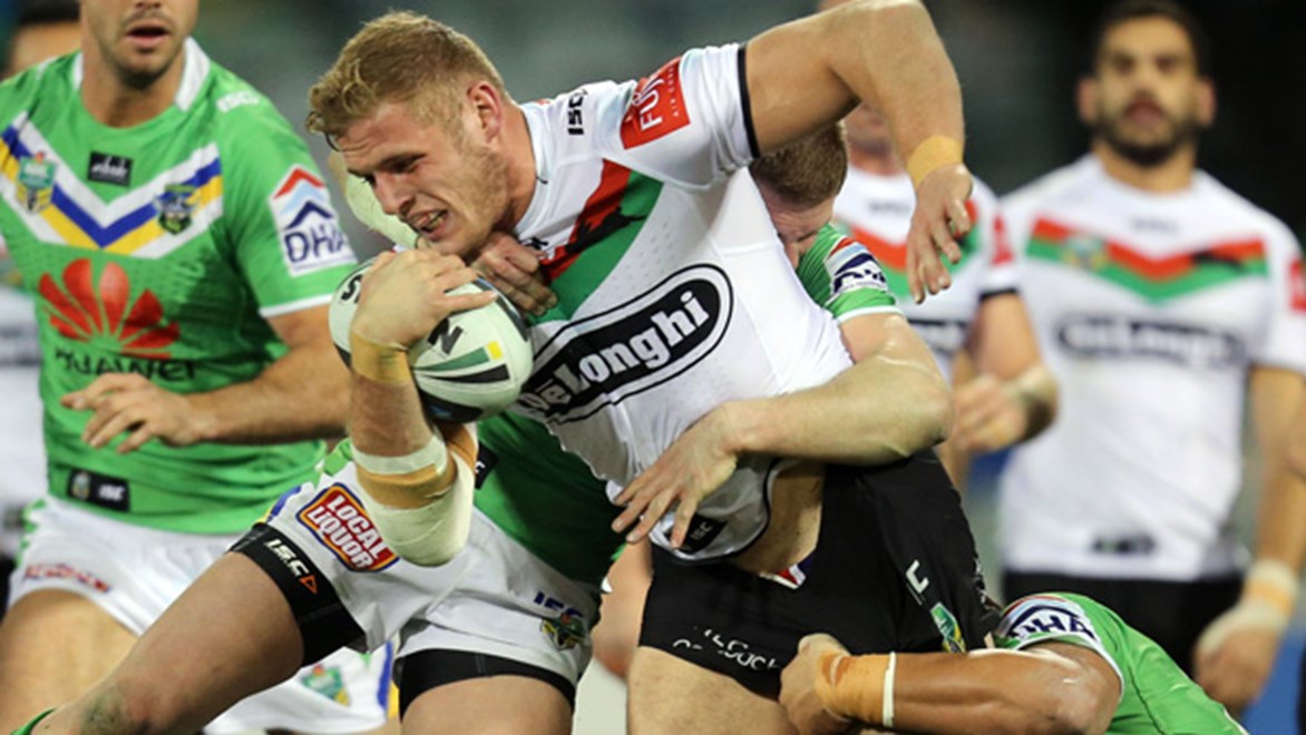 Thomas Burgess charges forward during the Rabbitohs' Round 20 clash with the Raiders at GIO Stadium.